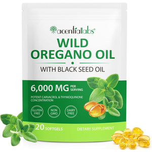 Wild Oil of Oregano Softgels 2 In1 6,000 Mg Oregano Oil with Black Seed 120 Softgels Easy to Swallow for Enhancing Immune System & Bone Health