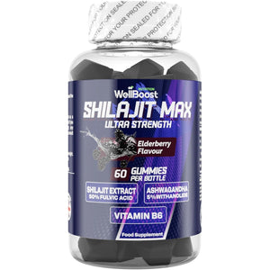 Wellboost Shilajit Max Gummies – 200Mg Shilajit, 40Mg Ashwagandha, 2Mg Vitamin B6 – Vegan Elderberry Flavour – Energy, Vitality & Well-Being Support for Adults (1 Month Supply).