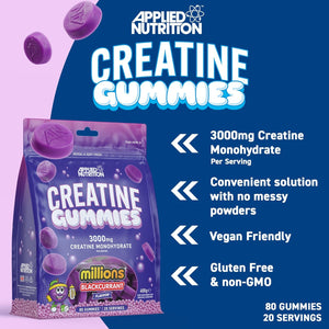 Applied Nutrition Creatine Gummies - 3000Mg Creatine Monohydrate per Serving - 80 Chewable Vegan Gummies for Strength, Power & Recovery (20 Servings)