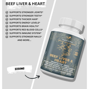 Grass Fed Desiccated Beef Liver & Heart Capsules 2250Mg (120 Pills, 750Mg Each) – Coq10 - Energy - Digestion – Heart - Detoxification Non-Gmo - Freeze Dried - Pasture Raised Undefatted in New Zealand