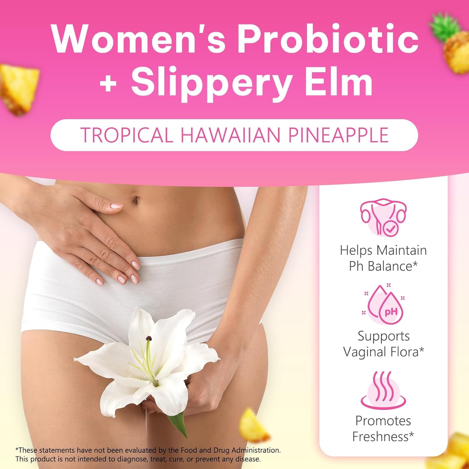 Probiotics for Women Gummies with Slippery Elm, Vegan Intimate Feminine Balance Probiotics Gummies Pineapple Flavor Supports Ph Balance, Gut Health & Immune System 60 Gummies