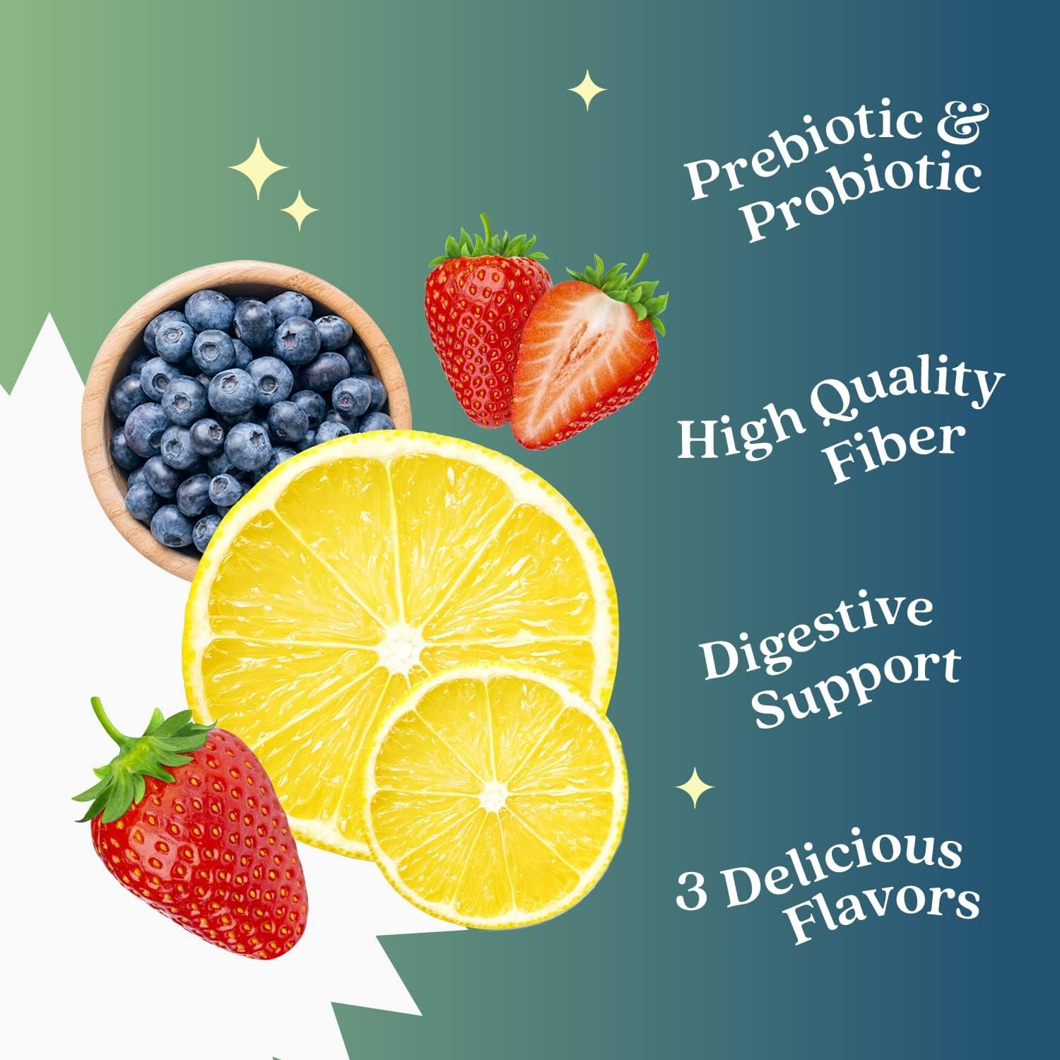 Probiotic + Prebiotic Fiber Gummies Sweetened with Stevia and Tapioca - Suitable for Kids & Adults, for Better Gut Health, High Potent Probiotics & Fiber - 60 Strawberry, Lemon, Blueberry Gummy