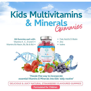 Kids/Childrens Vitamins - 150 Multivitamin & Minerals Gummies - Natural Berry Flavour Packed with Essential Nutrients - Vegan & Free of Artificial Sweeteners – 5 Months Supply – UK Made