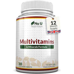 Nu U Nutrition - A-Z Multivitamin Tablets for Men & Women - 365 Tablets - 12 Month Supply - 25 Essential Multivitamins & Minerals Including Iron, Zinc & Vitamin D - One a Day - Made in the UK