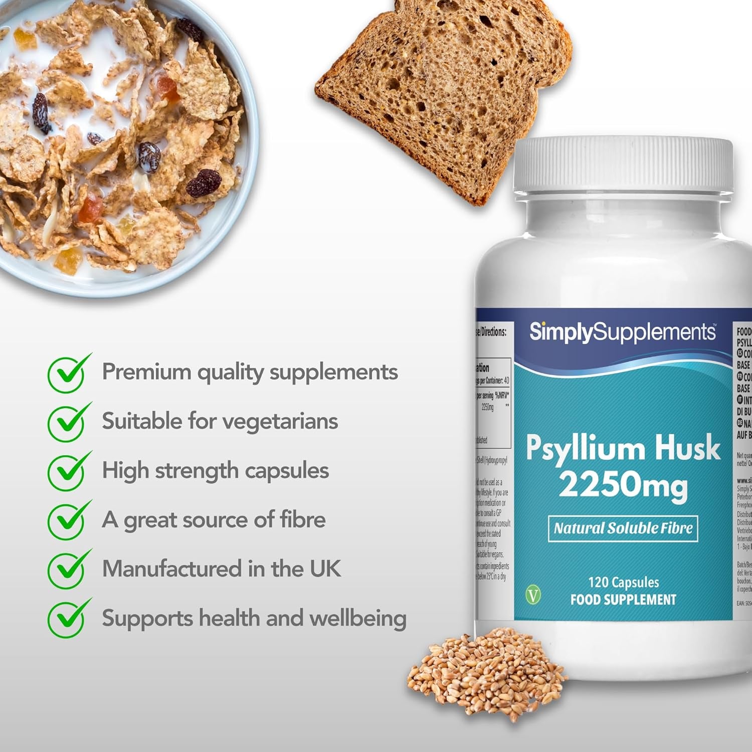Pure Psyllium Husk Capsules | Supports Digestive Health & Fibre Intake | 120 Capsules = 40 Days Supply | Manufactured in the UK in Accordance with GMP Standards