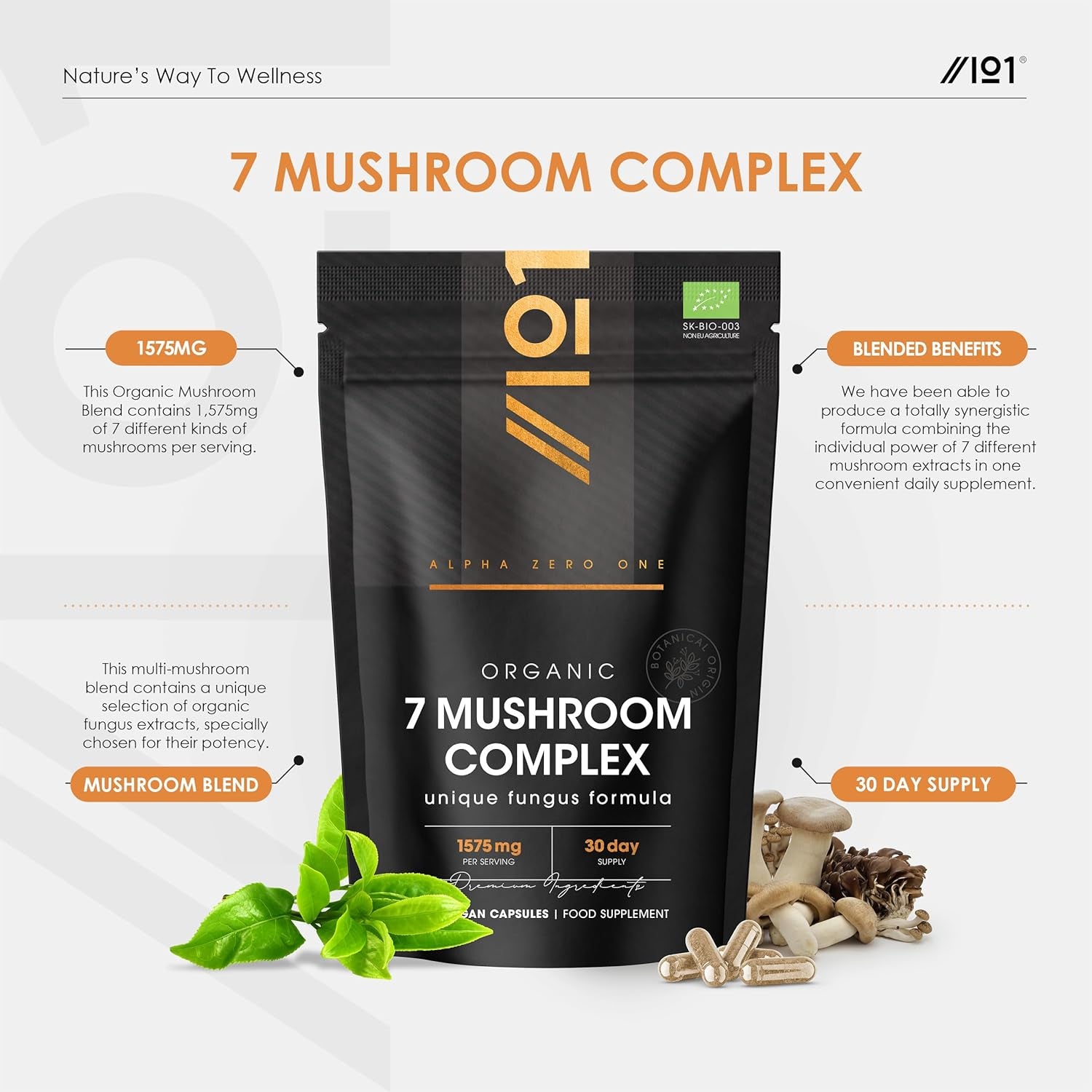 Organic Mushroom Complex 1575Mg - 90 Capsules - Reishi, Cordyceps, Lion'S Mane, White Fungus, Maitake, Shitake & Chaga (1 Month Supply) by Alpha01