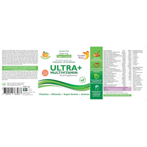 Swedish Nutra - Ultra+ Multivitamin Liquid Food Supplement - Pack of 500 Ml, 33 Day Supply | Packed with Vitamins, Minerals, Super Greens & Aminos to Boost Energy & Immunity I Natural Orange Flavour
