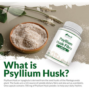 Psyllium Husk Fibre Supplement - 1400Mg per Serving - 240 Vegan Capsules - Natural Soluble Prebiotic Fiber from Plantago Ovata Seeds - Made in the UK - Nu U Nutrition