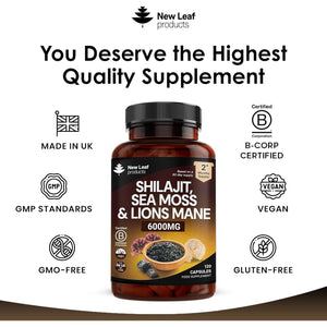 Shilajit Seamoss and Lions Mane Capsules 6000Mg - High Strength Complex - 60% Fulvic Acid Shilajit, Irish Sea Moss, Lions Mane 100% Fruiting Body - Vegan, UK Made 120 Capsules
