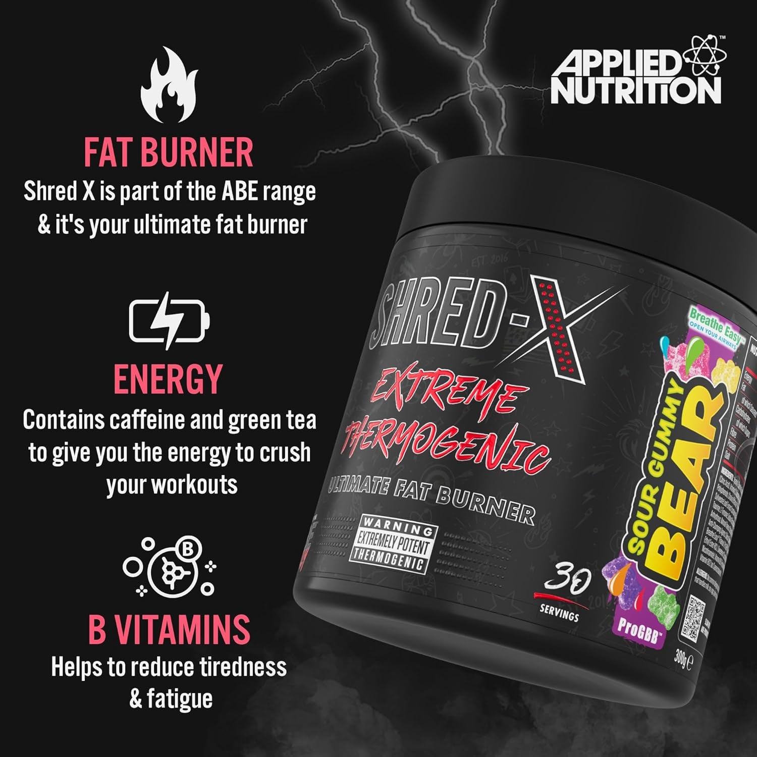 Applied Nutrition Shred X Fat Burner - ABE All Black Everything Fat Burner, Thermo Weight Management (300G - 30 Servings) (Strawberry Kiwi)