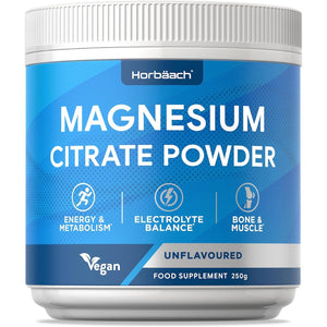 Magnesium Citrate Powder | High Absorption Formula | 250G - 100 Servings | Electrolyte Balance | Pure & High Strength Supplement | Vegan & Unflavoured | for Men & Women | by Horbaach