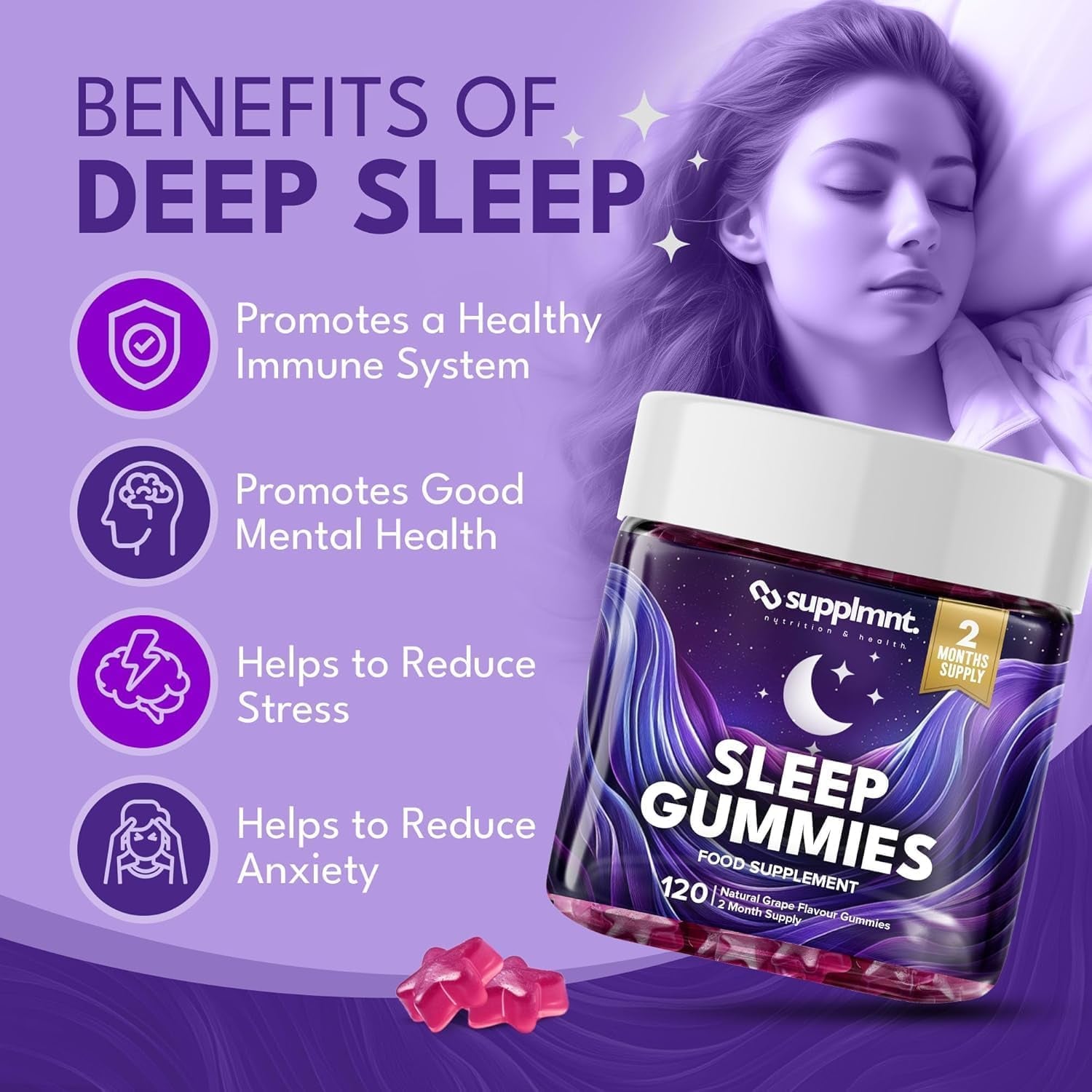 Supplmnt. Sleep Gummies for Adults | 4-Month Supply Sugar Free, Vegan – with Natural 5HTP Griffonia Seed & Valerian Root Extract, Magnesium, L-Theanine, Glycine | Grape Flavour Sleep Supplement, 120Ct