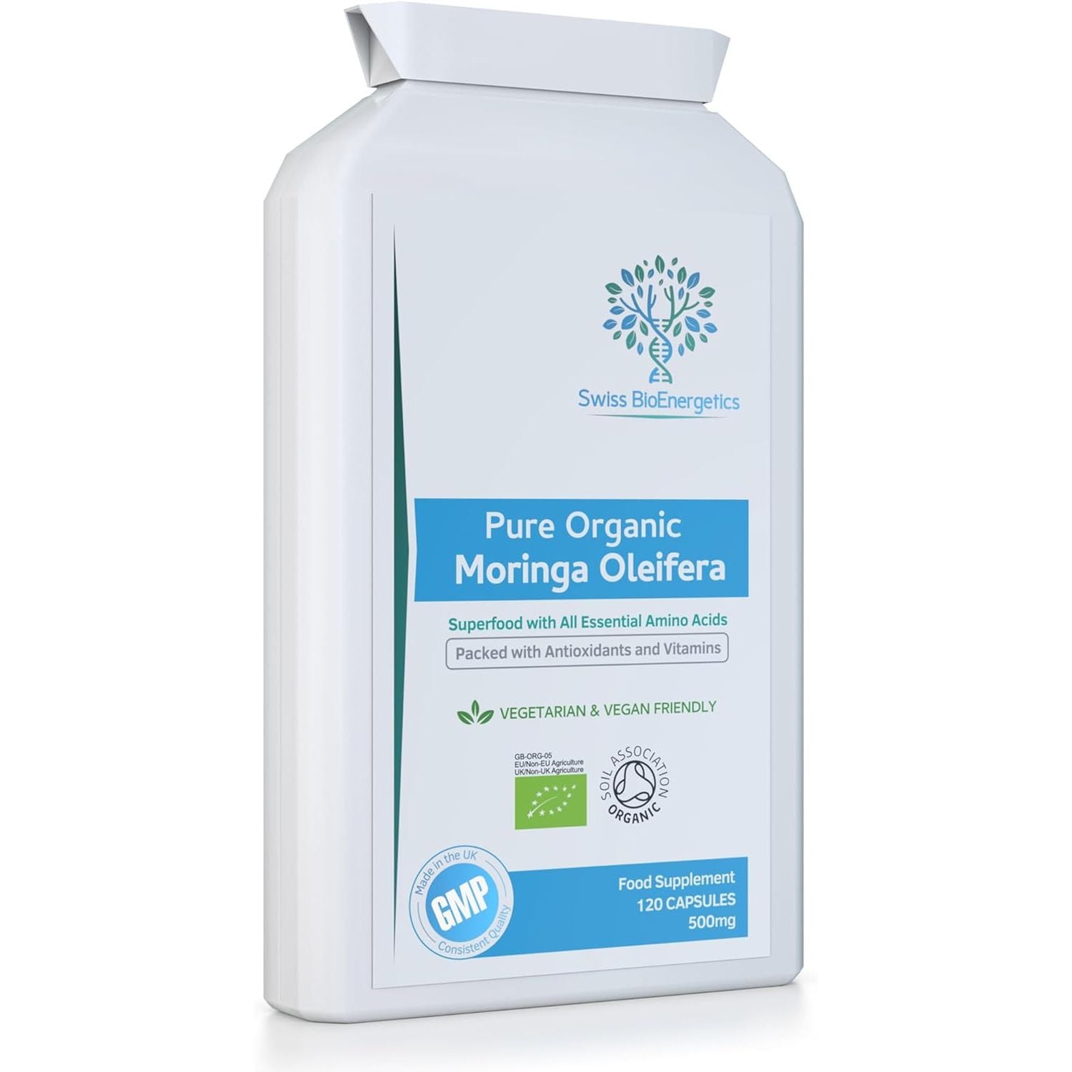 Pure Organic Moringa Oleifera 500Mg 120 Capsules - No Fillers or Flowing Agents - 100% Natural Soil Association Certified High Strength Superfood with All Essential Amino Acids