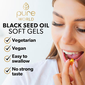 Pure World Natural Black Seed Oil 90 Piece Capsules Vegan Premium Cold Pressed Easy to Swallow Produced in UK
