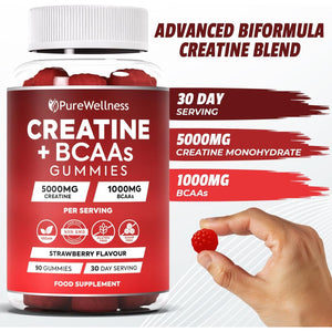 Purewellness Creatine and BCAA Gummies - 5000Mg Creatine Monohydrate, 1000Mg Bcaas per Serving - Chewable Vegan Sugar Free Gummies, Strawberry Flavour (1 Month Supply)