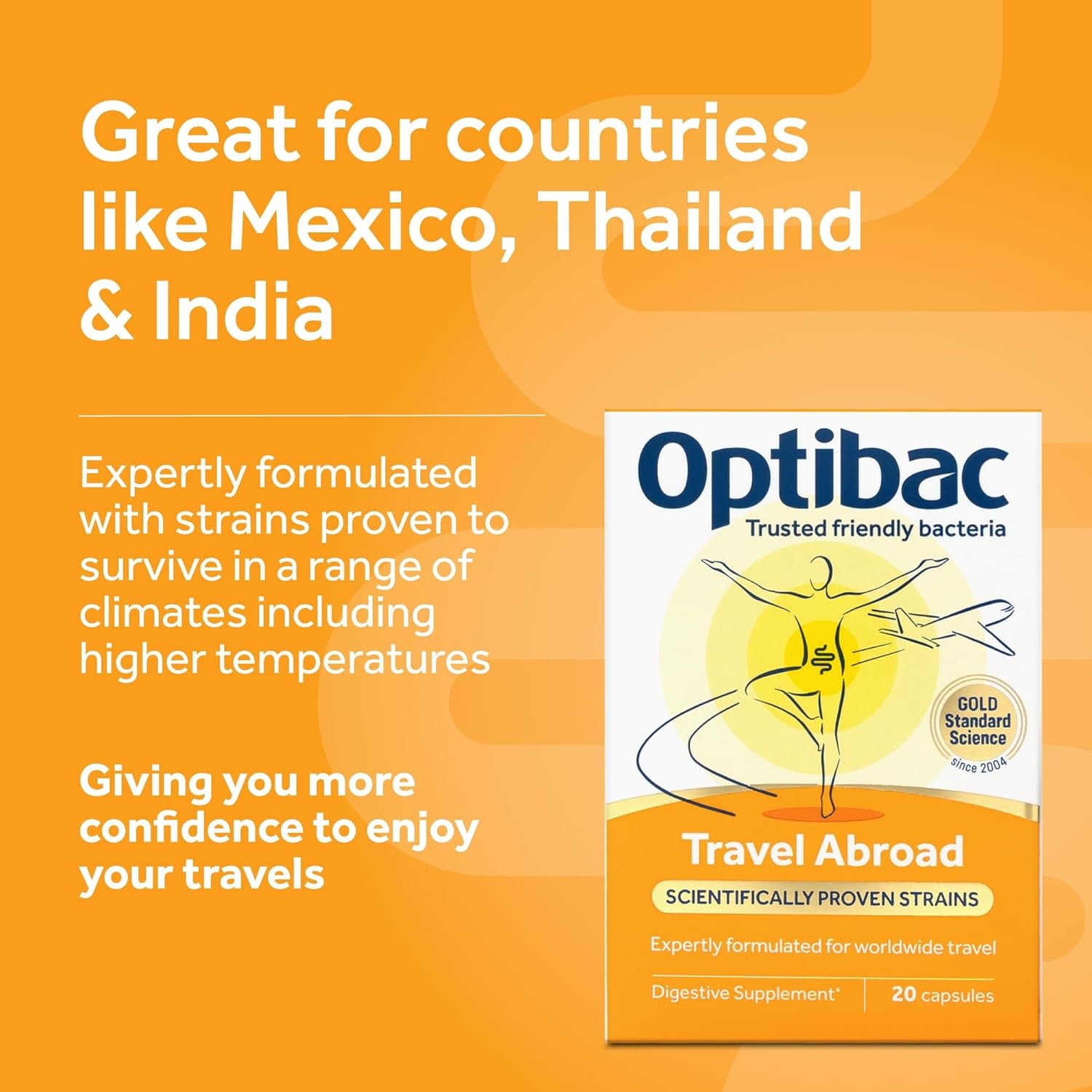 Optibac Probiotics Travel Abroad - Highly Researched Vegan Digestive Probiotic Supplement - Expertly Formulated for Travel & a Range of Climate Conditions - with Saccharomyces Boulardii - 20 Capsules