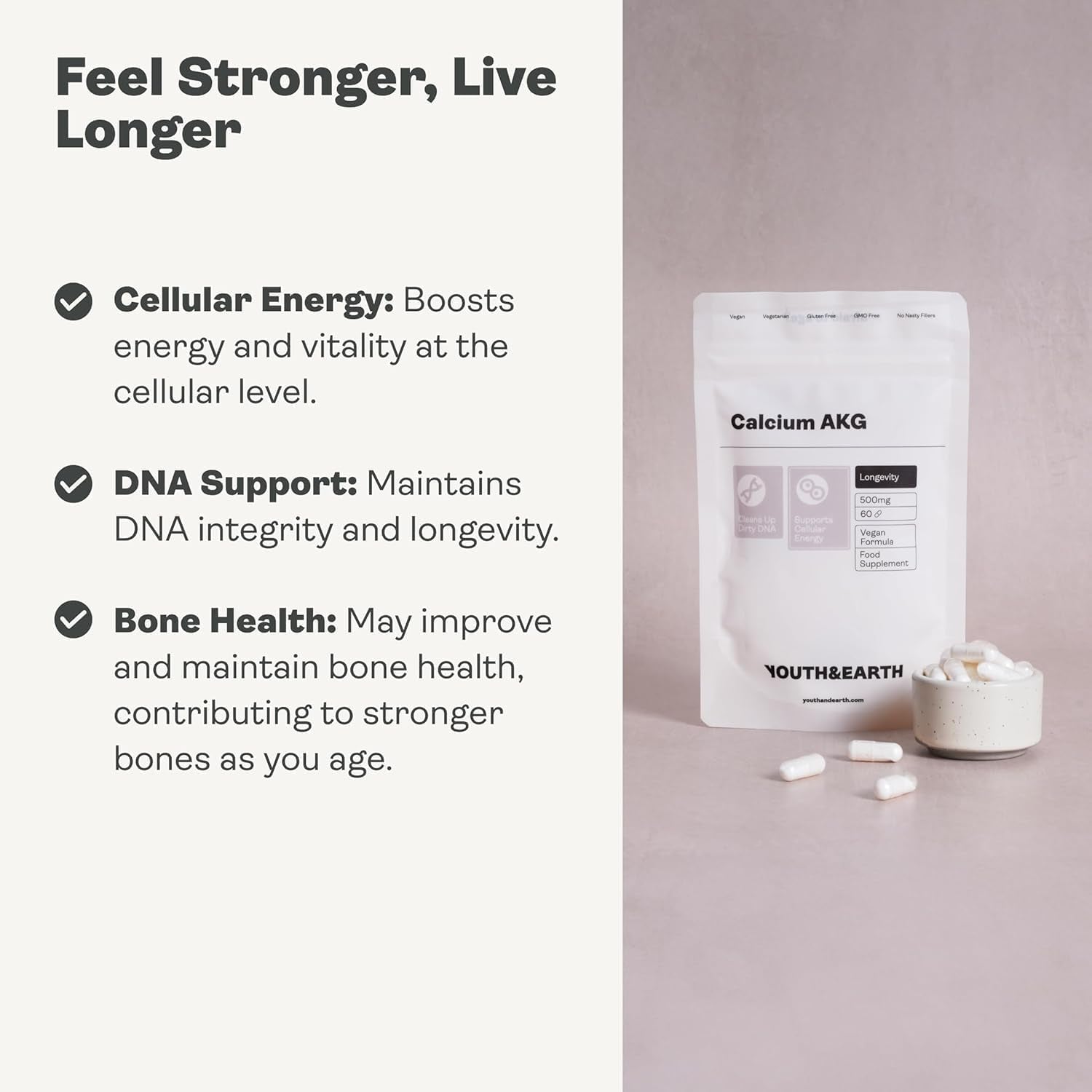 Youth & Earth Calcium AKG Supplement | High Strength Ca-Akg Supplement for Cellular Energy & Strong Bones | 60 Vegan Capsules of 500Mg Calcium Alpha-Ketoglutarate per Serving