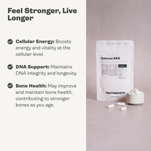 Youth & Earth Calcium AKG Supplement | High Strength Ca-Akg Supplement for Cellular Energy & Strong Bones | 60 Vegan Capsules of 500Mg Calcium Alpha-Ketoglutarate per Serving