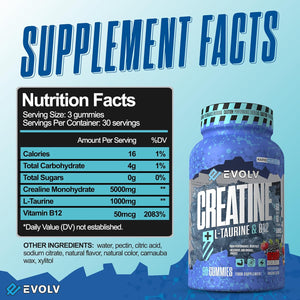 Creatine Monohydrate Gummies + L-Taurine & B12 | 90 Vegan | Overload Creatine Gummies 5000Mg | Pre Workout & Post Workout Energy for Men & Women | Sugar-Free Creatine Max