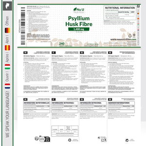 Psyllium Husk Fibre Supplement - 1400Mg per Serving - 240 Vegan Capsules - Natural Soluble Prebiotic Fiber from Plantago Ovata Seeds - Made in the UK - Nu U Nutrition