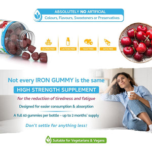 Iron Gummies with Added Vitamin C - 60 Natural Cherry Flavour Chewable Yummy Gummies - 2 Month Supply - Efficient Absorption and Gentler Digestion Formula - Made in the UK