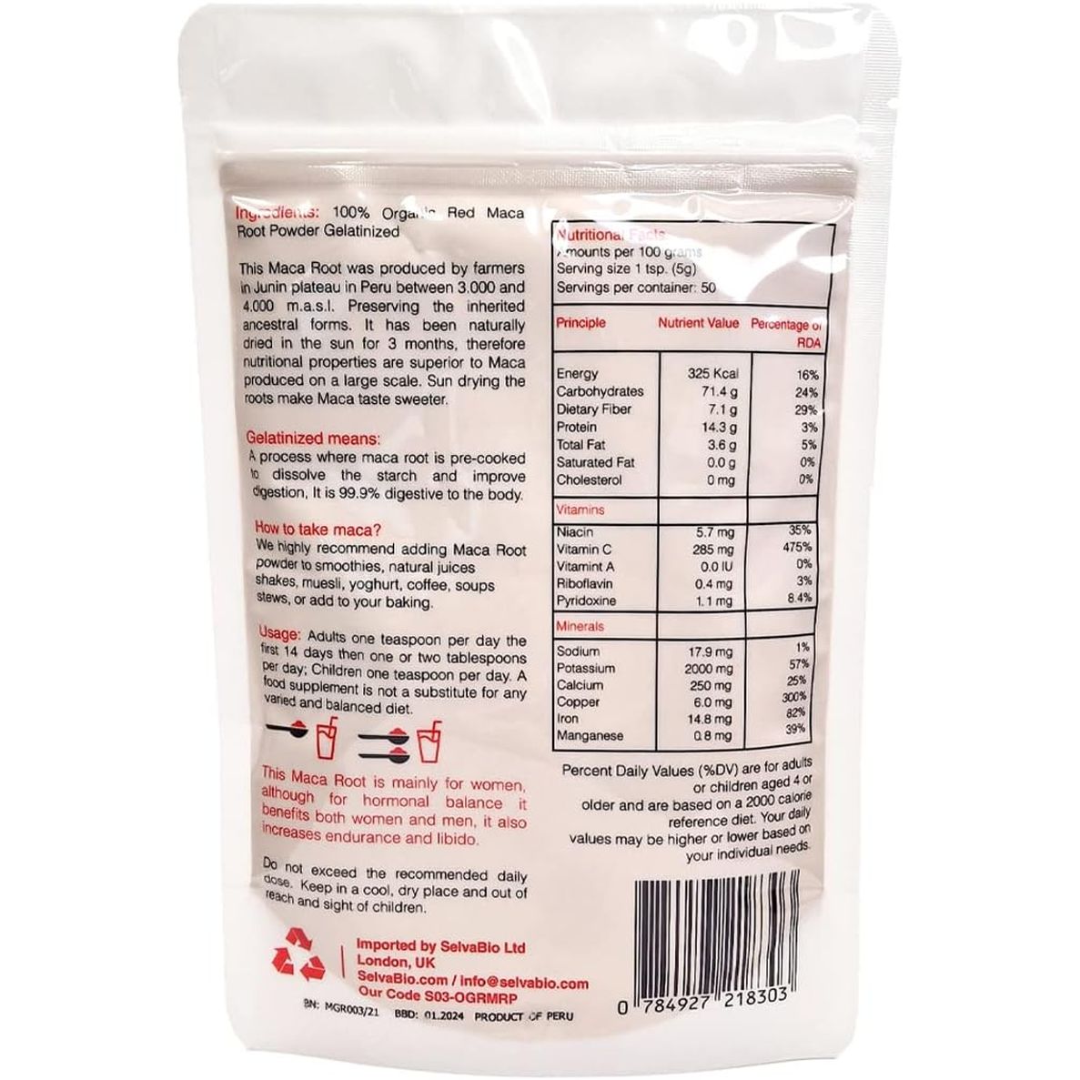 Organic Red Maca Root Gelatinized Powder, Soil Association Certified, 250G from the High Peruvian Mountains.