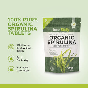 Organic Spirulina 1000X Pure Easy to Swallow Tablets - Rich in Essential Vitamins & Minerals by Inner Vitality
