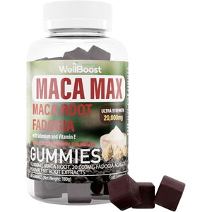 Wellboost Maca MAX -Ultra Strength (6,000Mg Equivalent Extracts) Maca Root, Fadogia Root, Selenium, VIT E, 60 Chewable Gummies for Adults - Strawberry Flavoured, Suitable for Vegans.