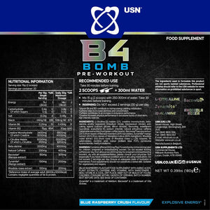 USN B4 Bomb Pre Workout Powder - 300G (20 Servings) Energy Drink Powder for Explosive Energy & Performance, 200Mg Caffeine, 6000Mg Citrulline, Creatine & 2000Mg Beta Alanine - Blue Raspberry Flavour