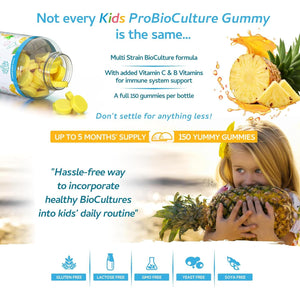 Kids Probiotics/Probiocultures Gummies - 150 Children'S Probiotics Multi-Strain Gummies - Natural Pineapple Flavour – with Added B & C Vitamins for Immune Support - 5 Month Supply – UK Made