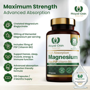 Magnesium Bisglycinate 200Mg plus P5P Vitamin B6 X120 Capsules | Advanced Chelated Formula for Optimal Absorption 200Mg of High Strength Elemental Magnesium - Vegan & UK Made by Royal Oak Health