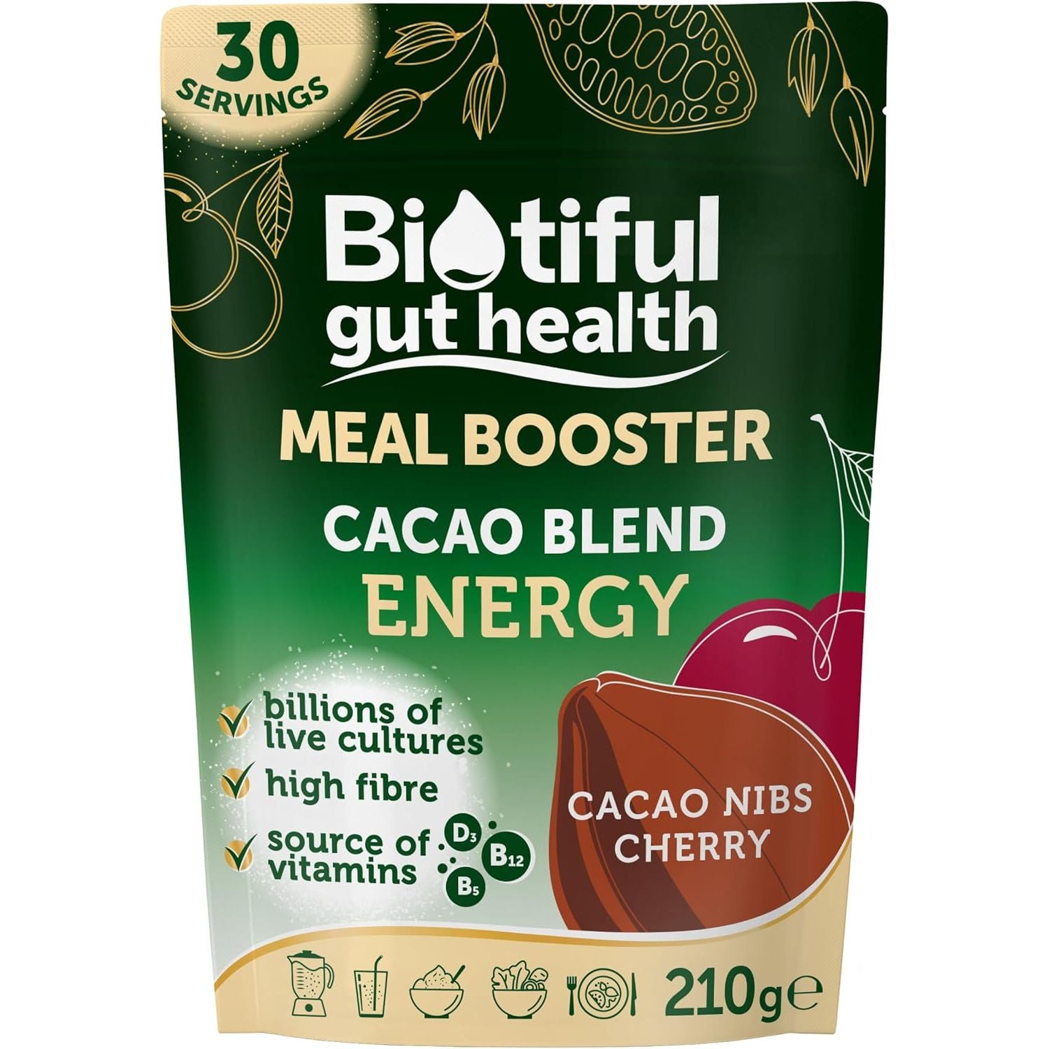 Biotiful 7-In-1 Gut Health Powder – High in Prebiotics & Probiotics for Digestive Health – Source of Protein & Vitamins (B5, B12, D3) – Affordable Everyday Price – Natural, Cacao & Cherry, 30 Servings