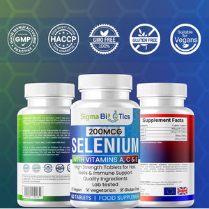 Selenium with Vitamins A, C & E - Promotes Healthy Hair, Skin & Nails - Supports the Immune System - Superior Absorption Formula - Vegan and Gluten Free - 60 Tablets for 2 Months Supply