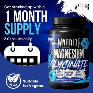 Warrior Magnesium Glycinate 3-In-1 Complex – High Strength Absorption Nutrition Supplement 384Mg 90 Vegan Capsules, UK Made Cognitive Wellness and Enhances Sleep & Muscle Relaxation