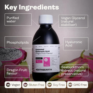 Youth & Earth Liposomal Hyaluronic Acid Liquid - Pure Hyaluronic Acid Supplements for Natural Skin Hydration & Joint Supplements for Men & Women - 100% Vegan Formula Dragon Fruit Flavor (250Ml)