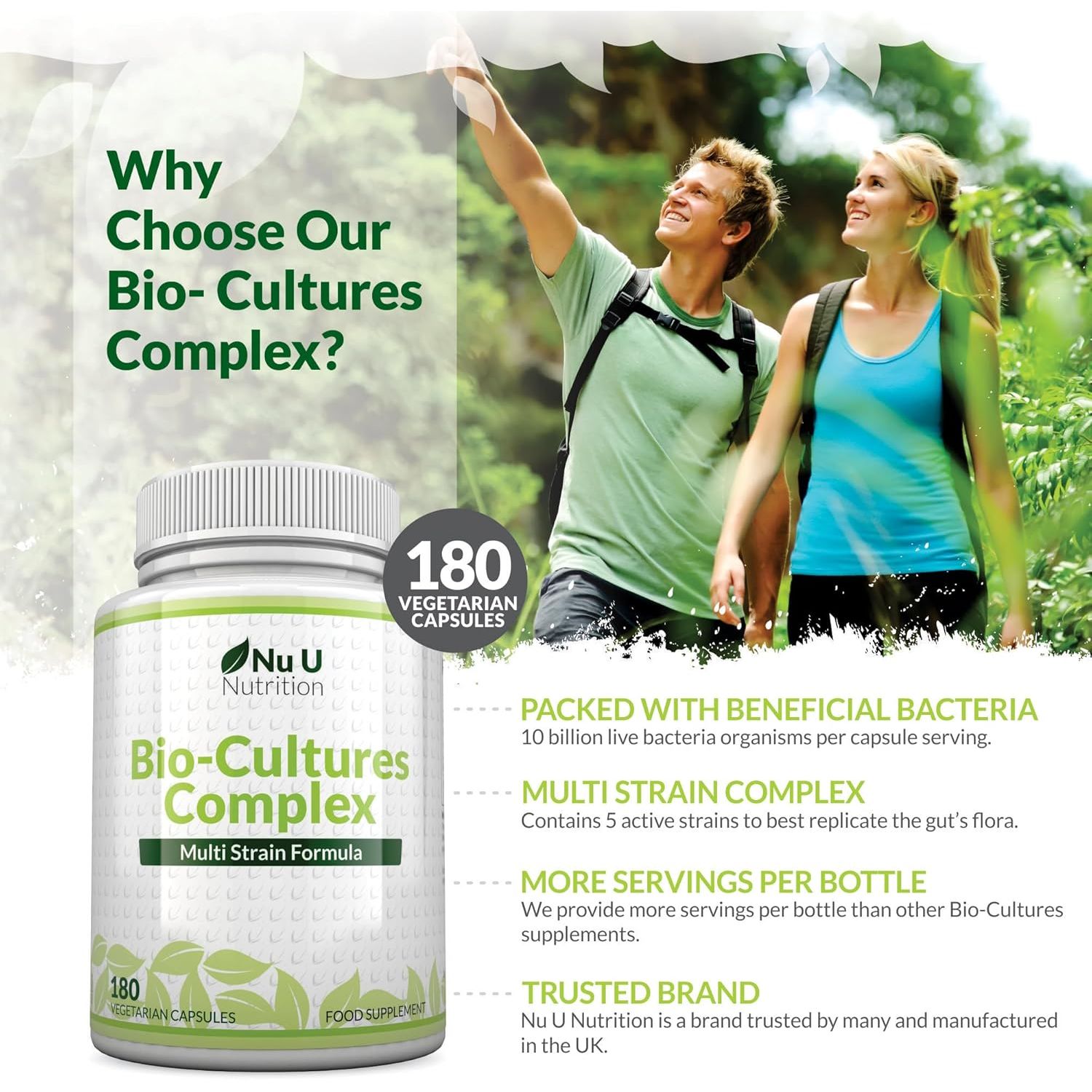 Bio-Cultures Complex - 180 High Strength Capsules - Lactobacillus Acidophilus, Rhamnosus & Bifidobacterium - 6 Month Supply - Gentle Vegetarian Multi-Strain Formula for Men & Women - Nu U Nutrition