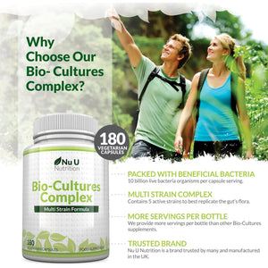 Bio-Cultures Complex - 180 High Strength Capsules - Lactobacillus Acidophilus, Rhamnosus & Bifidobacterium - 6 Month Supply - Gentle Vegetarian Multi-Strain Formula for Men & Women - Nu U Nutrition