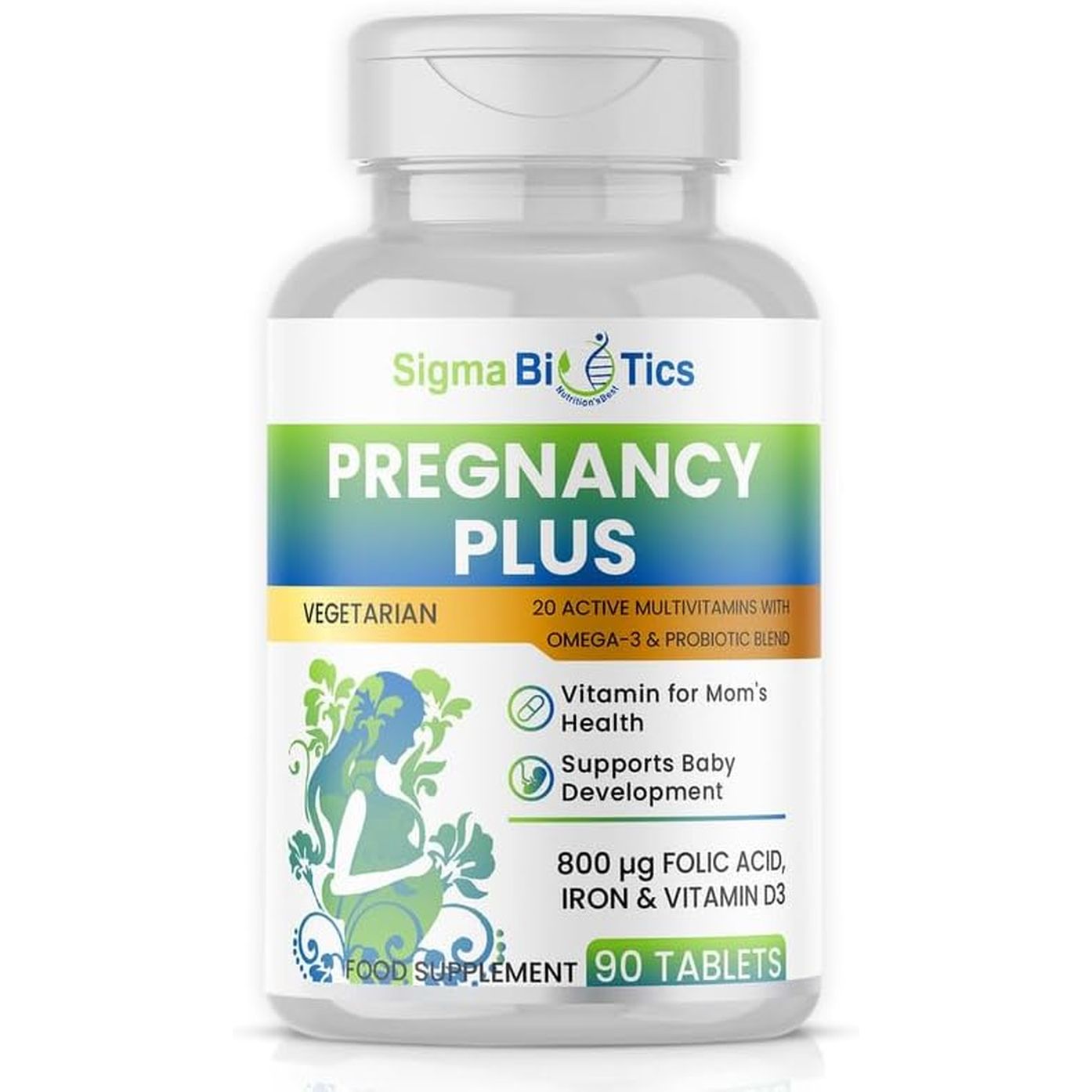 Sigmabiotics Pregnancy Multivitamin | 800 Μg Folic Acid, Iron, Vitamins D3 and C, Omega-3, B Complex, Zinc and Probiotics, Prenatal Support for Mom’S Energy, Immunity, and Baby'S Growth | 90 Tablets