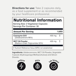 Coq10 400Mg Extra Strength - Ultra High Purity with MCT Oil for Superior Absorption - 98% Purified - Third-Party Tested, 60 Veggie Capsules