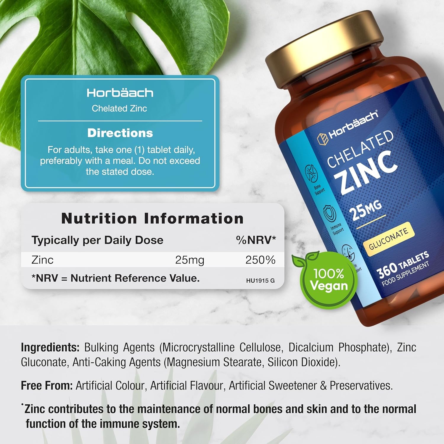 Zinc Tablets 25Mg | (1 Year Supply) High Absorption Chelated Zinc | Immunity Support Supplements | 360 Vegan Tablets | by Horbaach