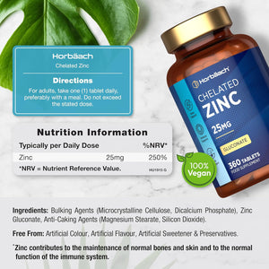 Zinc Tablets 25Mg | (1 Year Supply) High Absorption Chelated Zinc | Immunity Support Supplements | 360 Vegan Tablets | by Horbaach