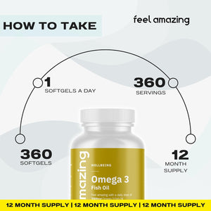 Omega 3 Fish Oil: One-A-Day (Full-Year 360-Day Supply) - 1000Mg Fish Oil per Softgel with 180Mg EPA, 120Mg DHA & 3Mg Vitamin E - Premium Heart & Brain Health Boost by Feel Amazing