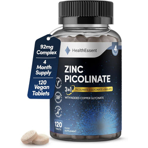 Zinc Picolinate 3-In-1, High Strength 92Mg - Zinc Picolate, Glycinate and Malate with Added Copper Glycinate - Immune Support, Hair, Skin & Nails - (4 Month Supply) - 120 Tablets by Healthessent