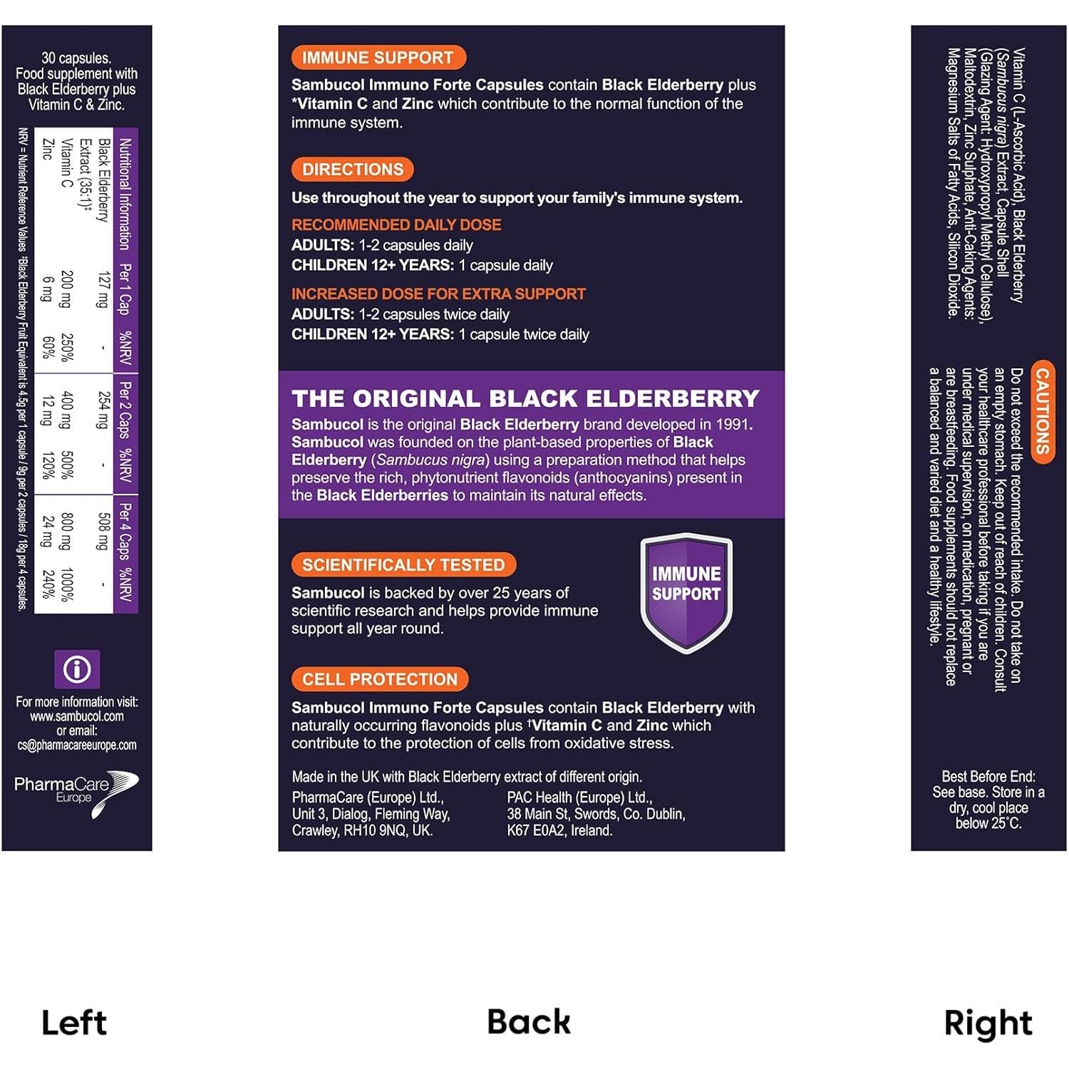 Sambucol Natural Black Elderberry Immuno Forte Capsules | Vitamin C | Zinc | Immune Support Supplement| 30 Capsules