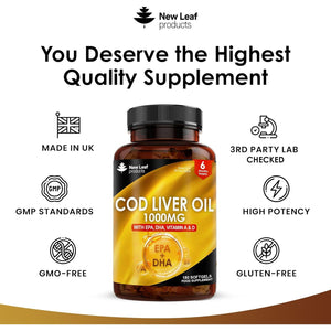 Cod Liver Oil Softgels 1000Mg - 180 Cod Liver Soft Gels High Strength Softgels- Cod Liver Oil Rich in Omega 3 EPA DHA Fatty Acids + Vitamins a & D, High Strength Fish Oil - UK Made, by New Leaf