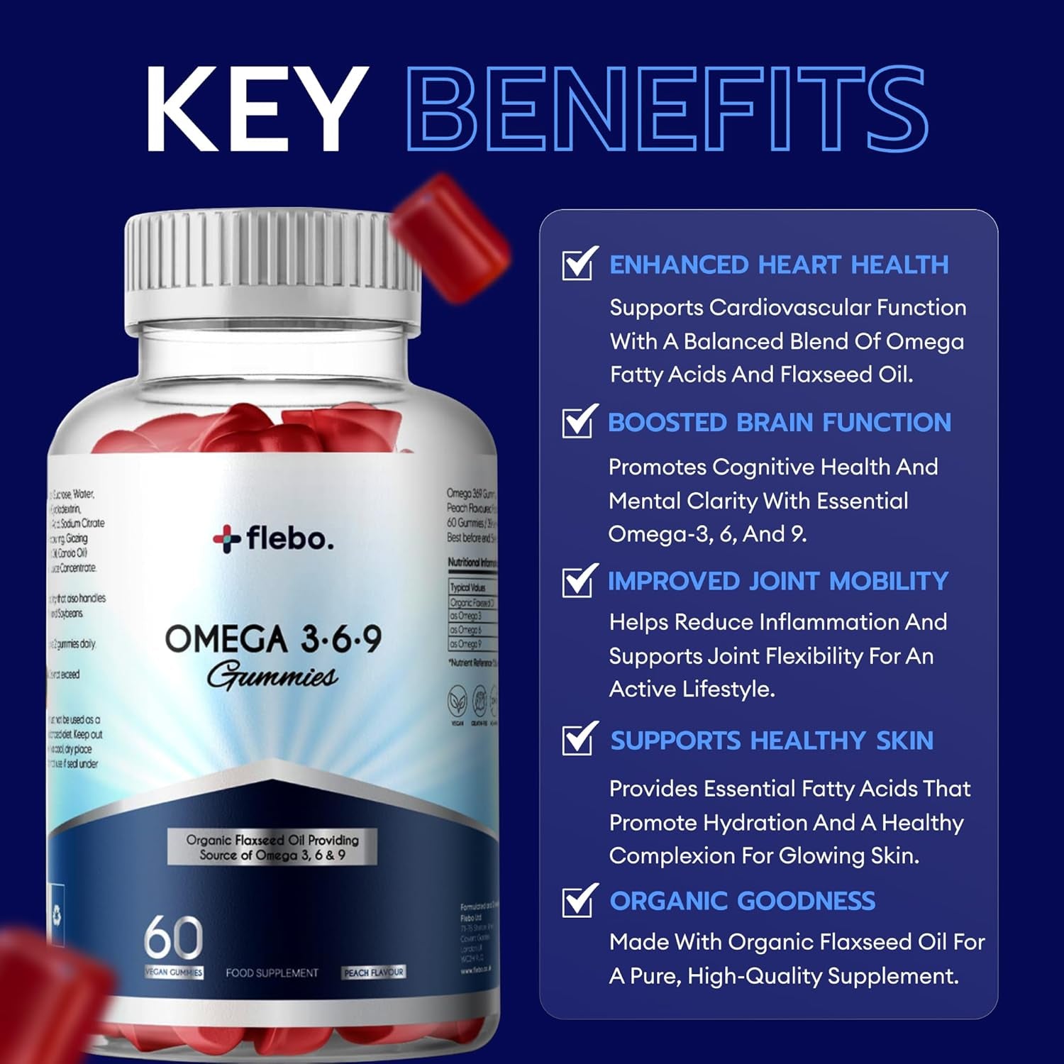 Flebo Vegan Omega 3 6 9 Gummies Fatty Acids Supplements for Adults | High Strength Fish Oil Alternative | Vegetarian, Derived from Flaxseed Oil | Supports Heart, Brain, Liver & Eye Health