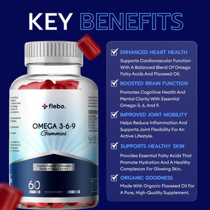 Flebo Vegan Omega 3 6 9 Gummies Fatty Acids Supplements for Adults | High Strength Fish Oil Alternative | Vegetarian, Derived from Flaxseed Oil | Supports Heart, Brain, Liver & Eye Health