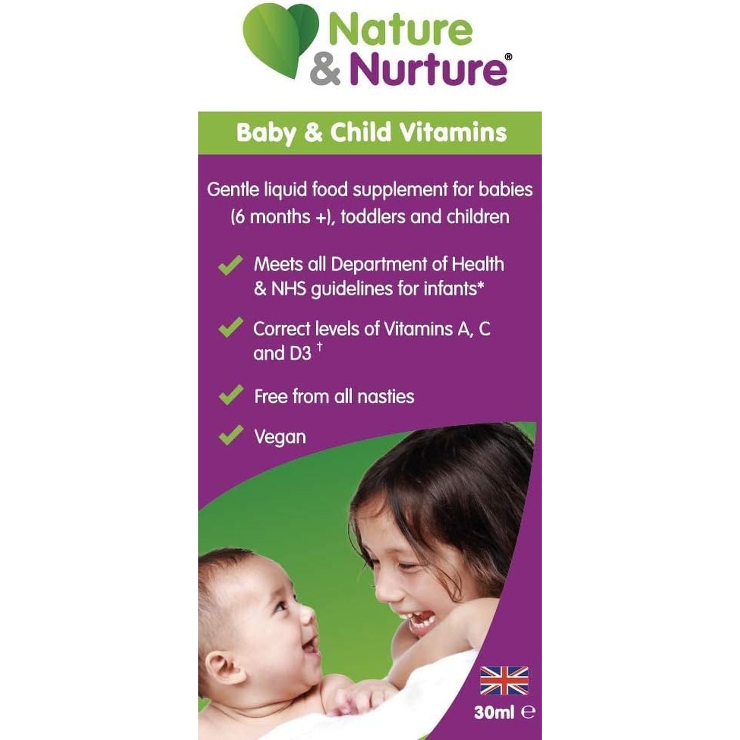 Award Winning Nature & Nurture Baby & Child Vitamins. the Vegan-Friendly Gentle Liquid Multivitamin Drops for Babies, Toddlers and Children. Made in the UK. 60 Doses.