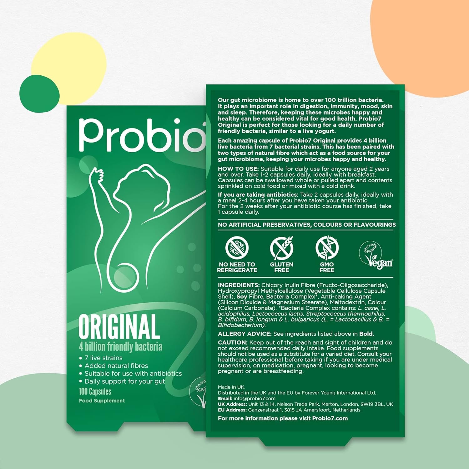 Probio7 Original | Vegan Approved | with 4 Billion CFU, 7 Live Bacterial Strains + 2 Types of Natural Fibre | Digestive Health Supplements, Probiotics for Gut Health, 100 Capsules