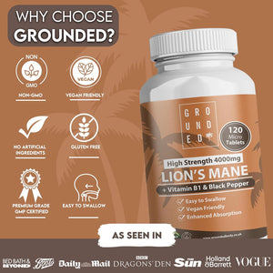 Grounded Lion’S Mane 4,000Mg High Strength 15:1 Extract | 120 Tablets | with Vitamin B1 & Black Pepper for Optimal Absorption | 2 Month Supply. UK Made Mushroom Supplement